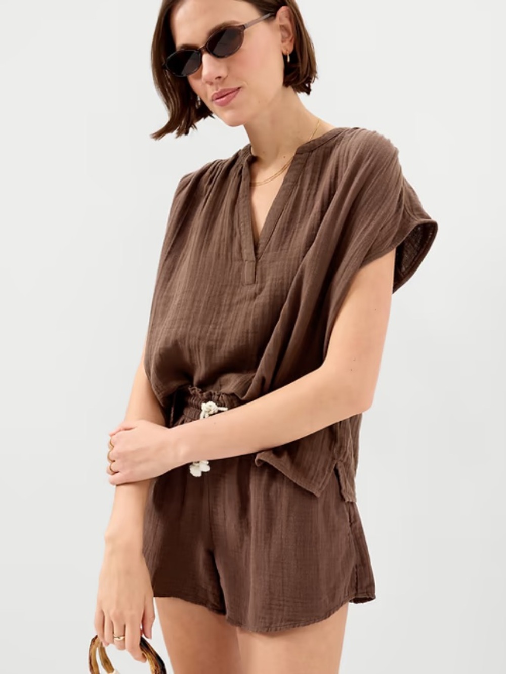 NWT Old Navy Short-Sleeve Crinkle Gauze Popover Top Brown XL